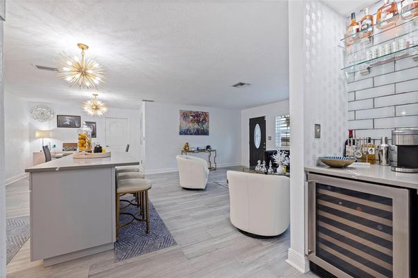 Interior, Kitchen, Living room, Pendant Lights, Wood Texture Flooring