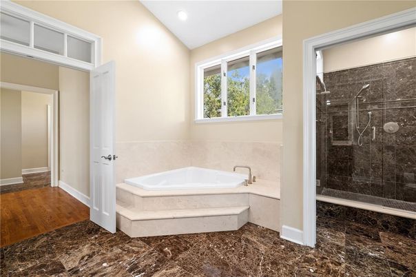 Bathroom, Glass Shower, Interior, Recessed Lighting, Wood Texture Flooring