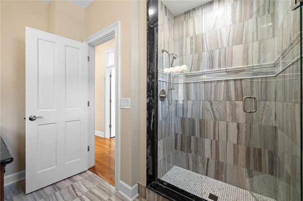 Bathroom, Glass Shower, Interior, Wood Texture Flooring