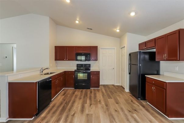 Interior, Kitchen, Recessed Lighting, Wood Texture Flooring