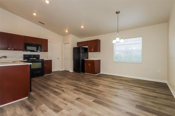 Interior, Kitchen, Pendant Lights, Recessed Lighting, Wood Texture Flooring