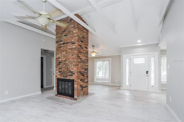 Empty room, Fireplace, Interior, Marble, Recessed Lighting, Stone Walls