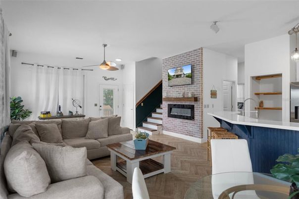Fireplace, Interior, Kitchen, Living room, Pendant Lights, Recessed Lighting, Stone Walls, Wood Texture Flooring