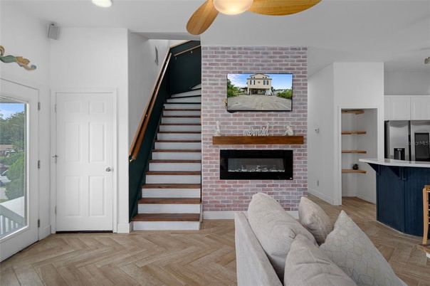 Fireplace, Interior, Recessed Lighting, Stone Walls, Wood Texture Flooring