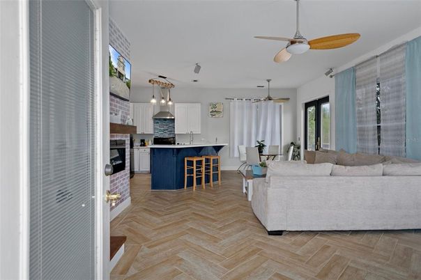 Dining room, Interior, Kitchen, Living room, Pendant Lights, Wood Texture Flooring