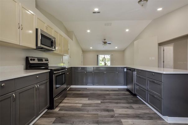Interior, Kitchen, Recessed Lighting, Wood Texture Flooring