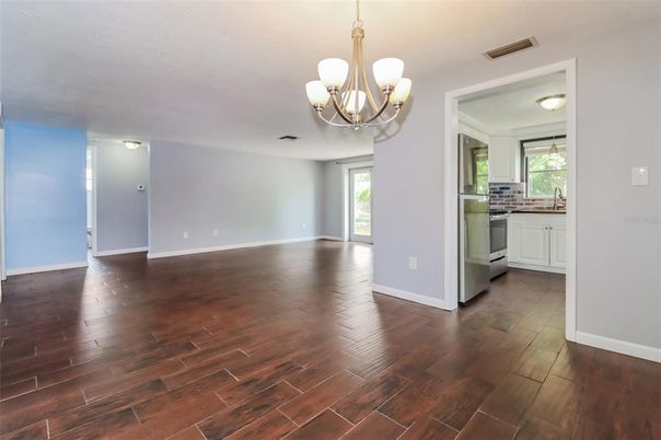 Chandelier, Empty room, Interior, Kitchen, Wood Texture Flooring
