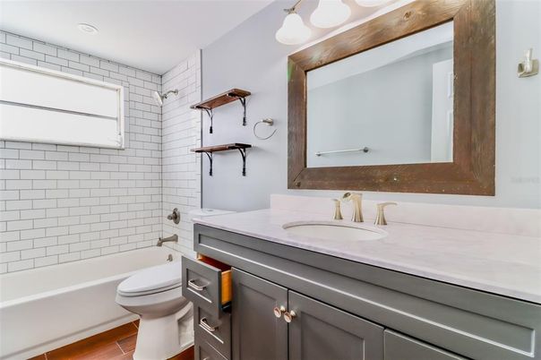 Bathroom, Interior, Recessed Lighting, Wood Texture Flooring
