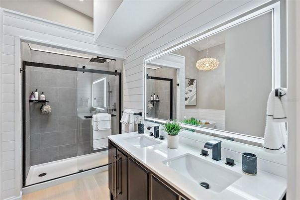 Bathroom, Dual Sink Vanities, Glass Shower, Interior, Wood Texture Flooring