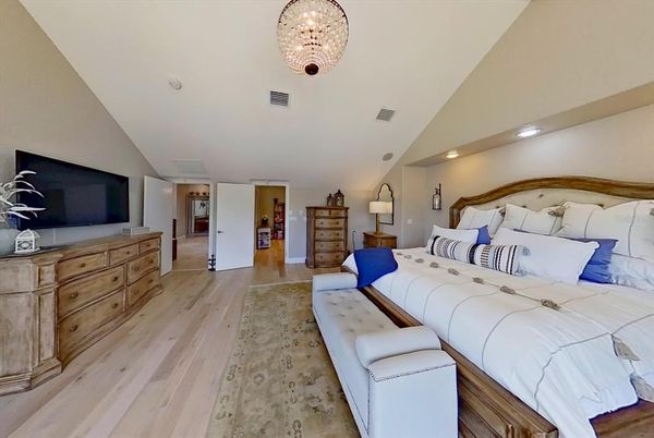 Bedroom, Chandelier, Interior, Recessed Lighting, Wood Texture Flooring