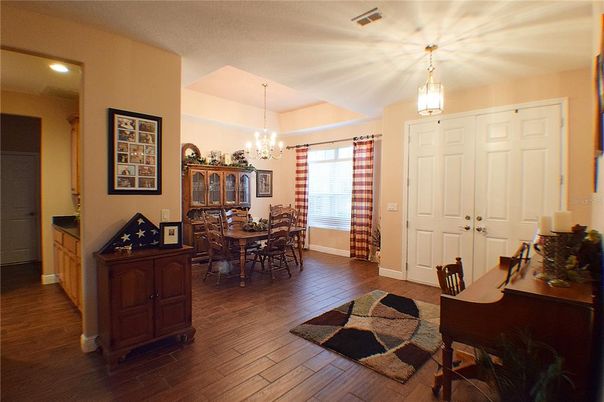 Chandelier, Dining room, Interior, Pendant Lights, Recessed Lighting, Wood Texture Flooring