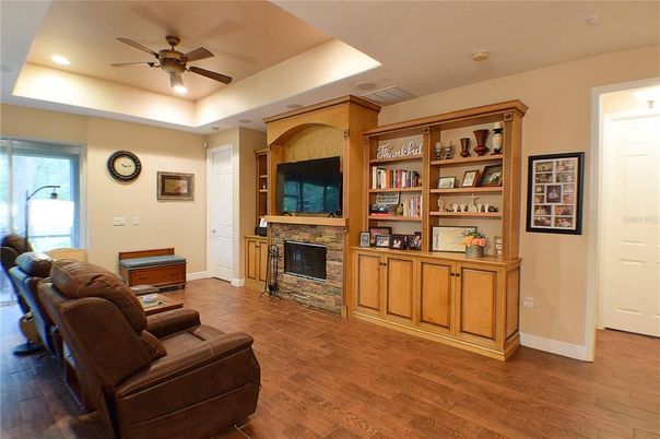 Fireplace, Interior, Living room, Recessed Lighting, Wood Texture Flooring