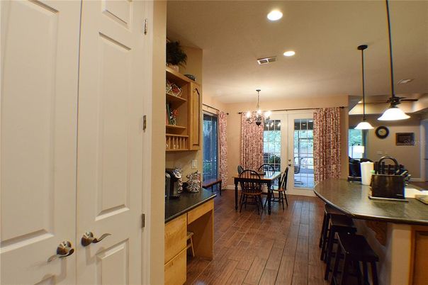 Chandelier, Dining room, Interior, Recessed Lighting, Wood Texture Flooring