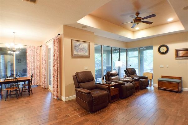 Dining room, Interior, Living room, Recessed Lighting, Wood Texture Flooring