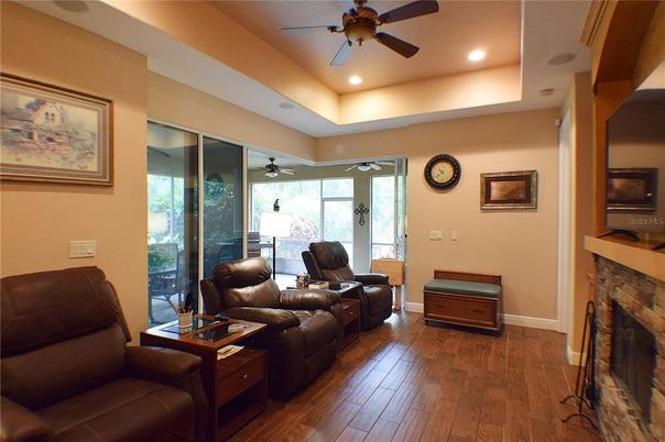 Fireplace, Interior, Living room, Recessed Lighting, Wood Texture Flooring