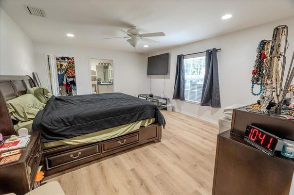 Bedroom, Interior, Recessed Lighting, Wood Texture Flooring