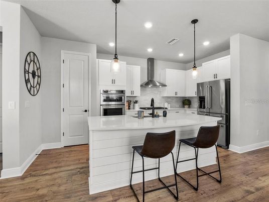 Interior, Kitchen, Pendant Lights, Recessed Lighting, Stainless Steel Appliances, Wood Texture Flooring