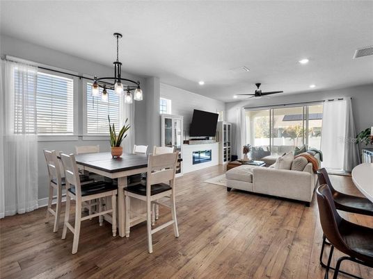 Dining room, Interior, Living room, Pendant Lights, Recessed Lighting, Wood Texture Flooring