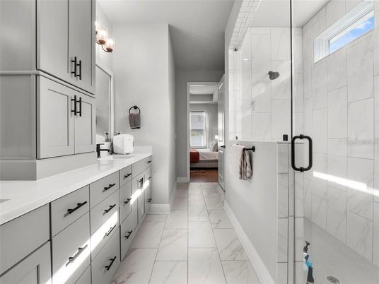 Bathroom, Dual Sink Vanities, Glass Shower, Interior, Marble, Marble Walls