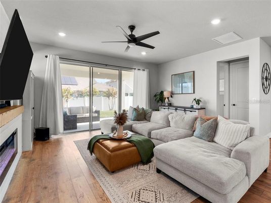 Interior, Living room, Recessed Lighting, Wood Texture Flooring