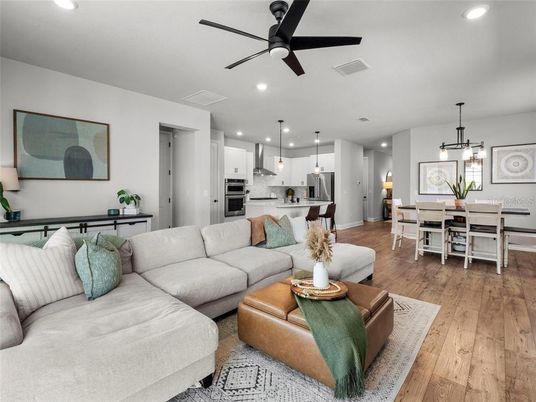 Dining room, Interior, Kitchen, Living room, Pendant Lights, Recessed Lighting, Stainless Steel Appliances, Wood Texture Flooring