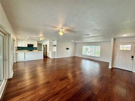 Empty room, Interior, Kitchen, Recessed Lighting, Wood Texture Flooring
