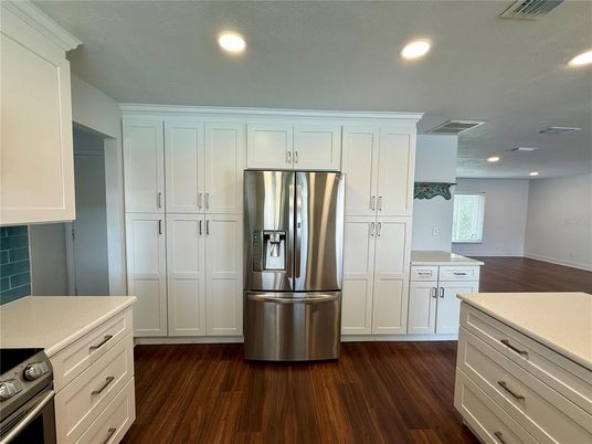 Interior, Kitchen, Recessed Lighting, Stainless Steel Appliances, Wood Texture Flooring