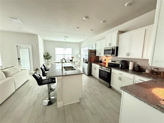 Dining room, Interior, Kitchen, Living room, Recessed Lighting, Wood Texture Flooring