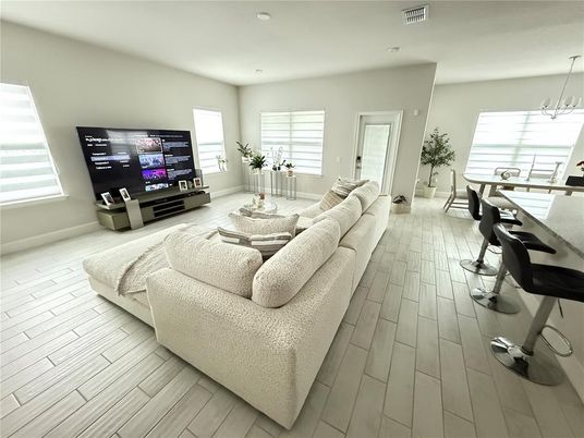 Dining room, Interior, Living room, Recessed Lighting, Wood Texture Flooring