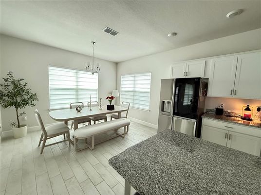 Dining room, Interior, Kitchen, Pendant Lights, Recessed Lighting, Wood Texture Flooring