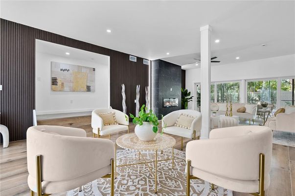 Fireplace, Interior, Living room, Recessed Lighting, Wood Texture Flooring