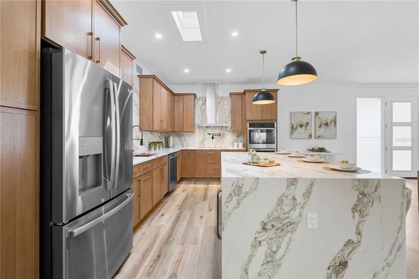 Interior, Kitchen, Pendant Lights, Recessed Lighting, Wood Texture Flooring