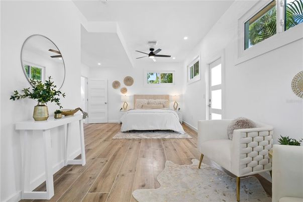 Bedroom, Interior, Recessed Lighting, Wood Texture Flooring