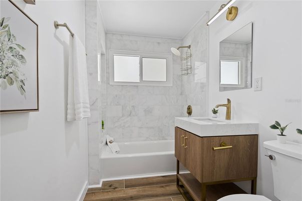 Bathroom, Interior, Marble Walls, Wood Texture Flooring