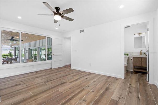 Bathroom, Empty room, Interior, Recessed Lighting, Wood Texture Flooring