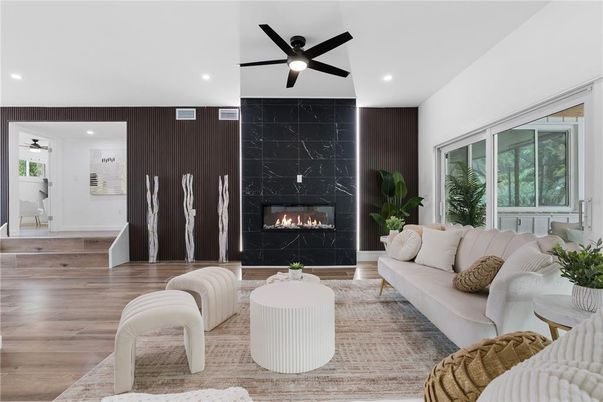 Fireplace, Interior, Living room, Recessed Lighting, Wood Texture Flooring