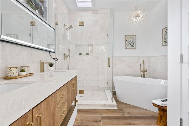 Bathroom, Free Standing Baths, Glass Shower, Interior, Marble Walls, Pendant Lights, Wood Texture Flooring