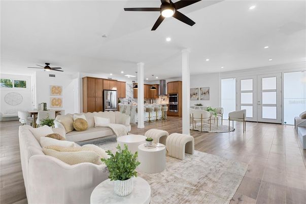 Interior, Kitchen, Living room, Recessed Lighting, Stainless Steel Appliances, Wood Texture Flooring