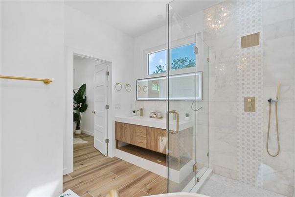 Bathroom, Glass Shower, Interior, Marble Walls, Wood Texture Flooring