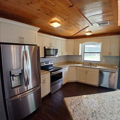 Interior, Kitchen, Stainless Steel Appliances, Wooden Ceilings, Wood Texture Flooring