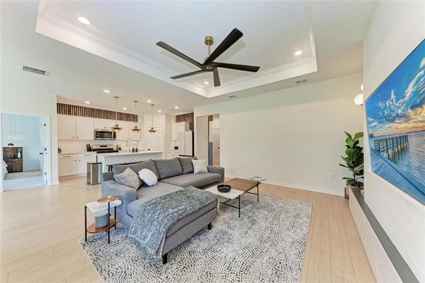 Interior, Kitchen, Living room, Pendant Lights, Recessed Lighting, Stainless Steel Appliances, Wood Texture Flooring