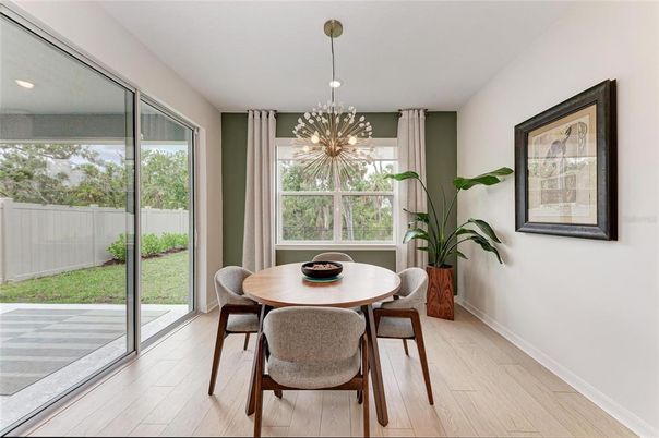 Dining room, Interior, Pendant Lights, Recessed Lighting, Wood Texture Flooring