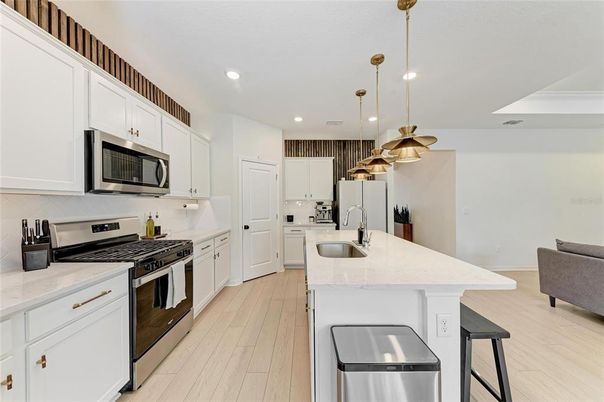 Interior, Kitchen, Pendant Lights, Recessed Lighting, Stainless Steel Appliances, Wood Texture Flooring