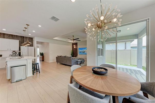 Dining room, Interior, Kitchen, Living room, Pendant Lights, Recessed Lighting, Wood Texture Flooring