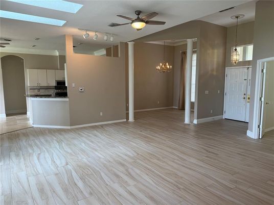 Chandelier, Empty room, Interior, Kitchen, Pendant Lights, Wood Texture Flooring