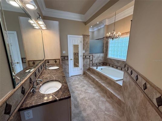 Bathroom, Chandelier, Dual Sink Vanities, Interior, Recessed Lighting