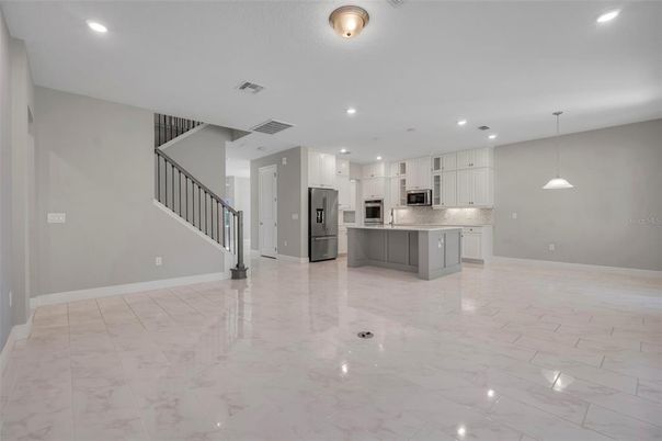 Interior, Kitchen, Marble, Pendant Lights, Recessed Lighting, Stainless Steel Appliances