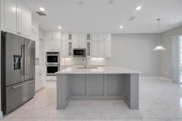 Interior, Kitchen, Marble, Pendant Lights, Recessed Lighting, Stainless Steel Appliances