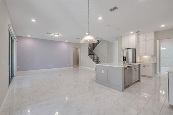 Interior, Kitchen, Marble, Pendant Lights, Recessed Lighting, Stainless Steel Appliances
