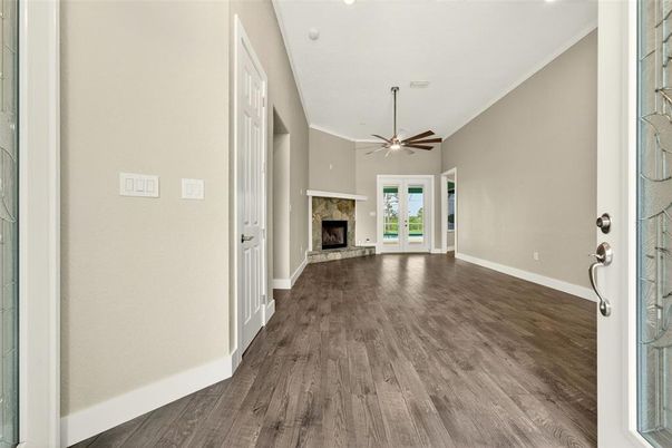 Empty room, Fireplace, Interior, Recessed Lighting, Wood Texture Flooring